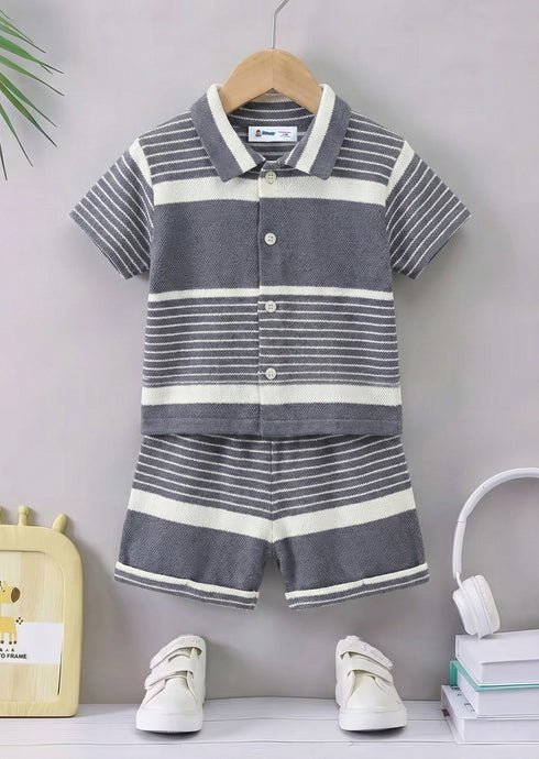 Grey Stripe Button-Down Shirt Set
