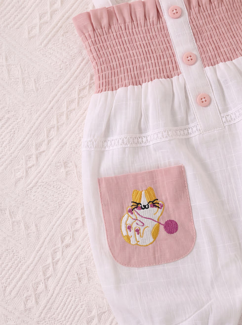 Kitty Embroidered Smocked Bow Romper (White)