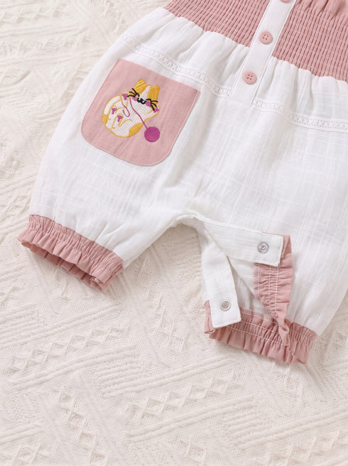 Kitty Embroidered Smocked Bow Romper (White)