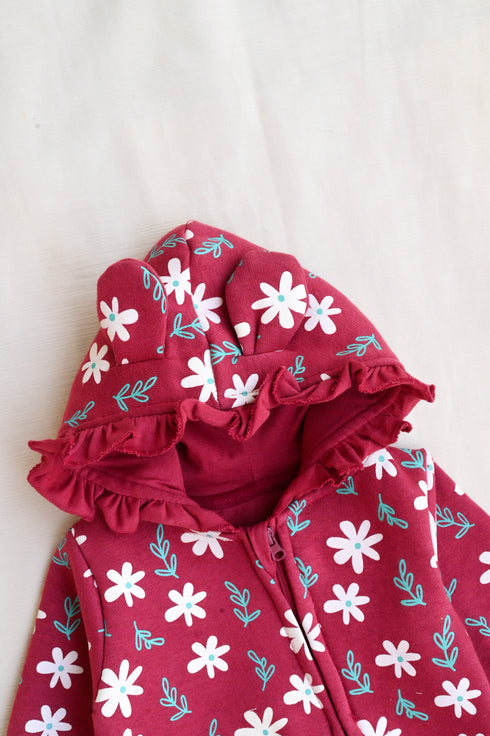 Floral Frost Frilled Fleece Hooded Sleepsuit