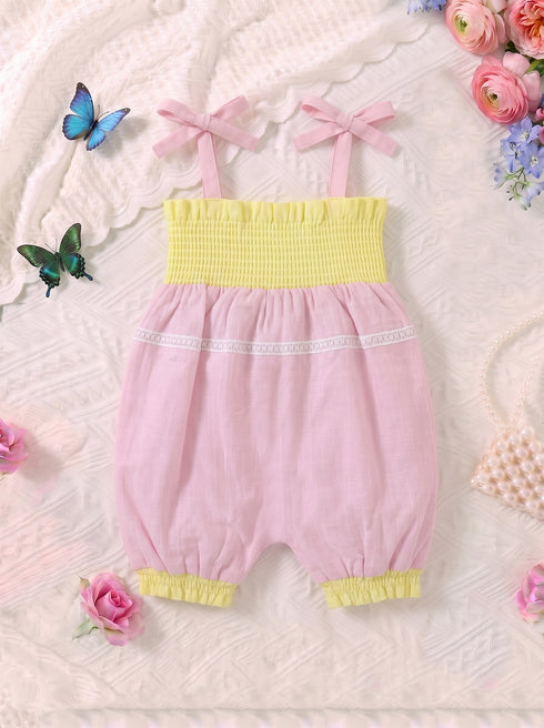 Kitty Embroidered Smocked Bow Romper (Pink)