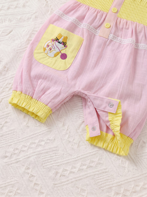 Kitty Embroidered Smocked Bow Romper (Pink)