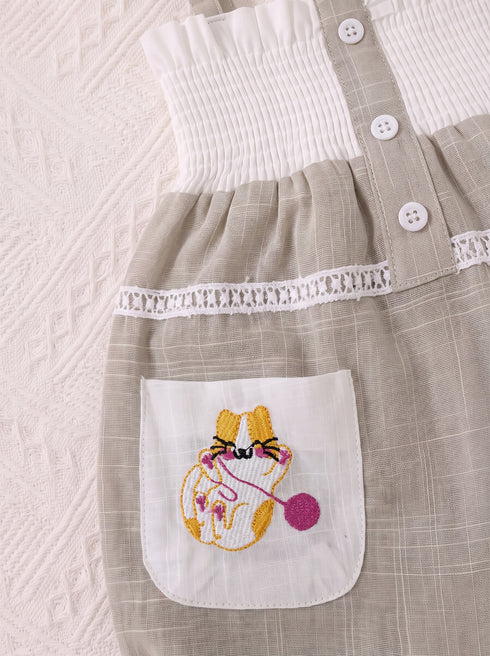 Kitty Embroidered Smocked Bow Romper (Green)