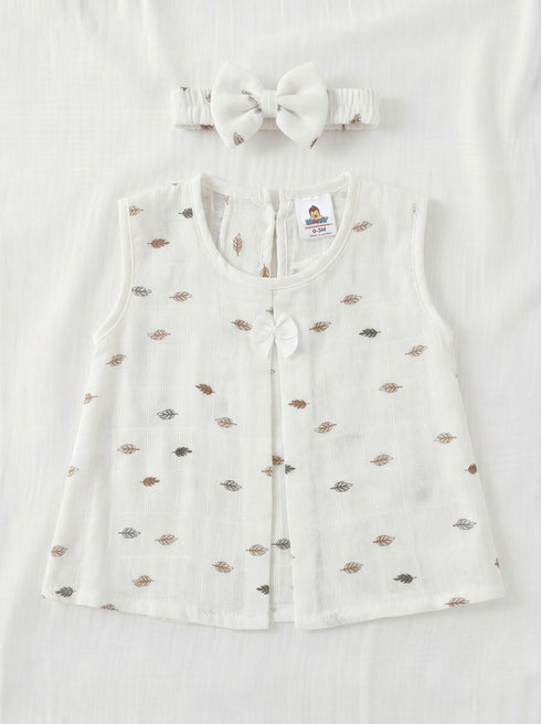 Leaf Printed Bow Frock Set with Headband