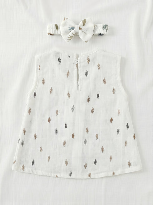 Leaf Printed Bow Frock Set with Headband