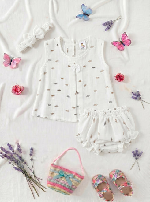 Leaf Printed Bow Frock Set with Headband
