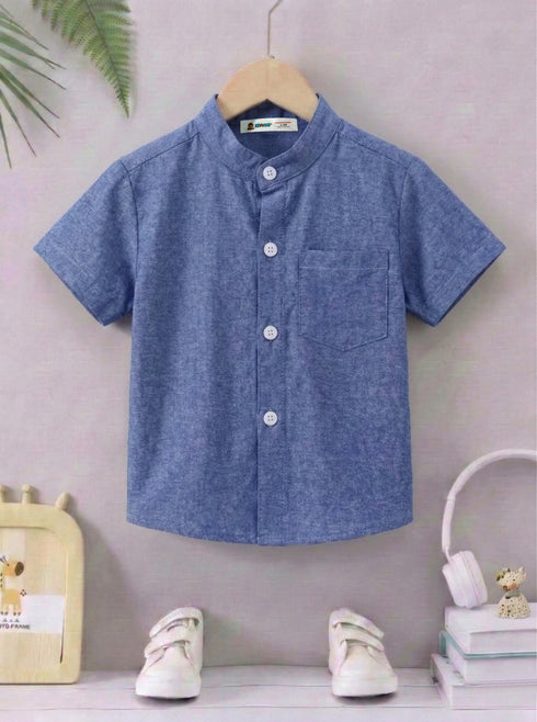 Classic Blue Band Collar Button-Down Shirt