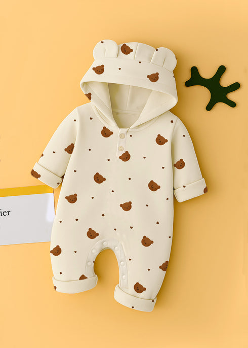 Bear Printed Fleece Hooded Sleepsuit