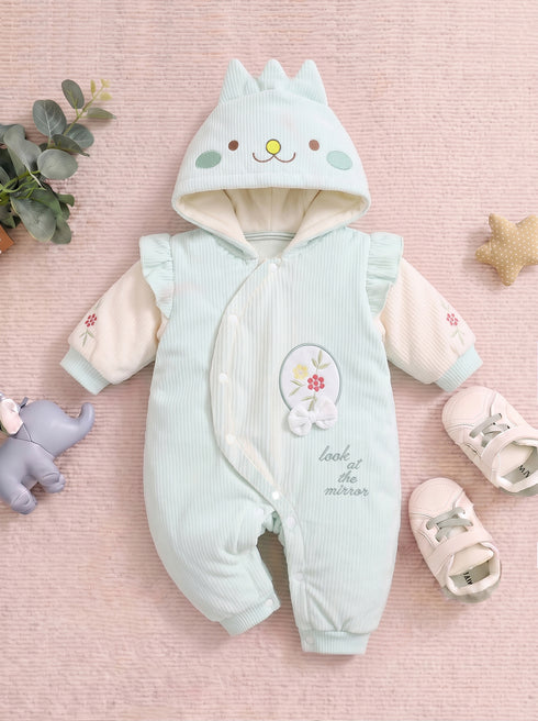 Floral Embroidered Ruffle Bow Hooded Sleepsuit