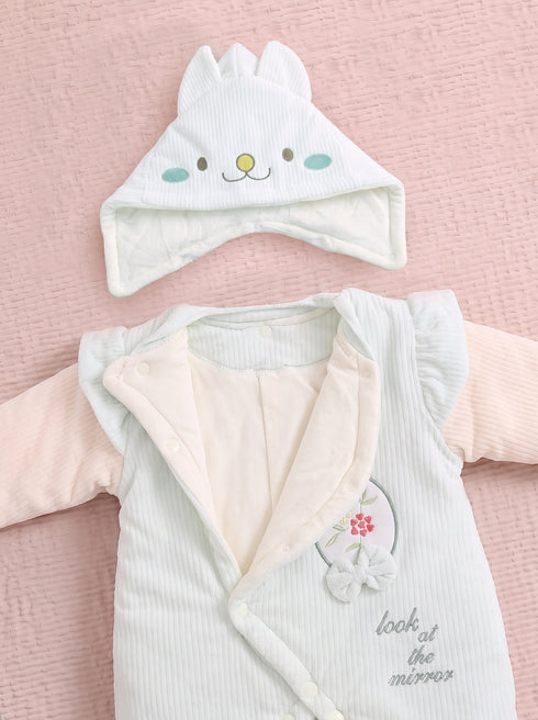 Floral Embroidered Ruffle Bow Hooded Sleepsuit