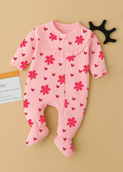 Petal Love Frilled Zipper Fleece Footed Sleepsuit