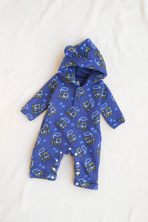 Navy Train Printed Fleece Hooded Sleepsuit