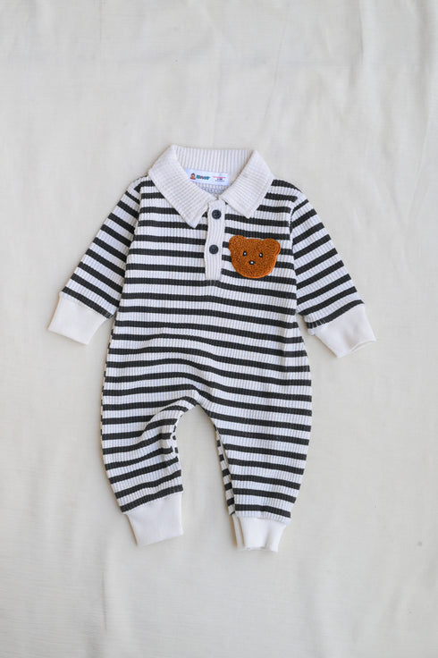 Striped Bear Embroidery Waffle Knit Polo Sleepsuit