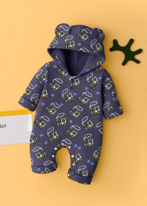 Navy Train Printed Fleece Hooded Sleepsuit