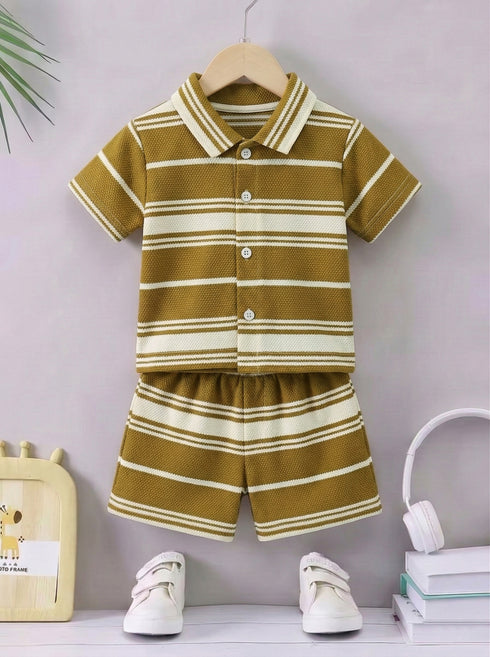Vintage Mustard Striped Button-Down Shirt Set
