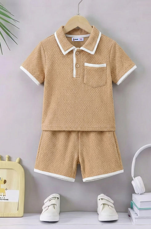 Jacquard Textured Polo Short Set (Brown)