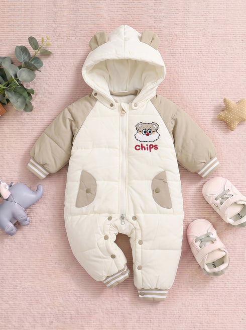 Cute Puppy Chips Embroidered Hooded Sleepsuit