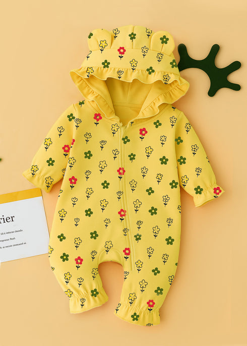 Spring Floral Frilled Fleece Hooded Sleepsuit