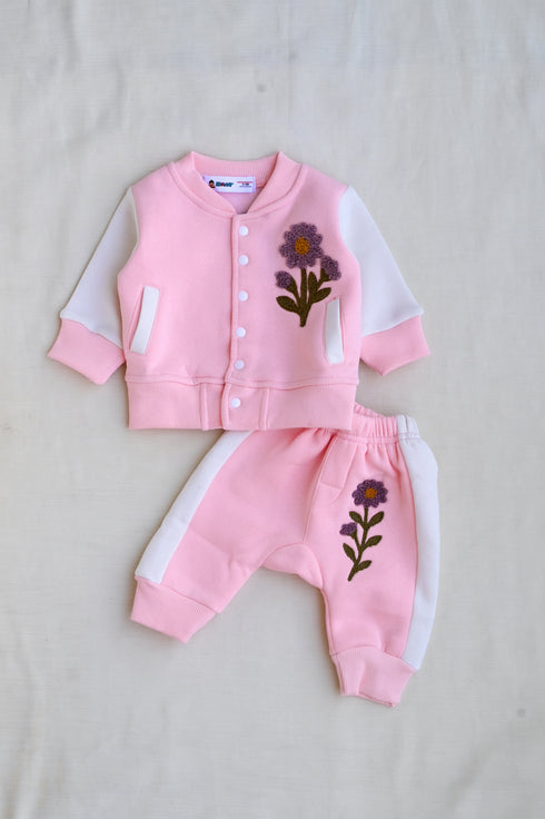 Pink Floral Fleece Varsity Jacket Set