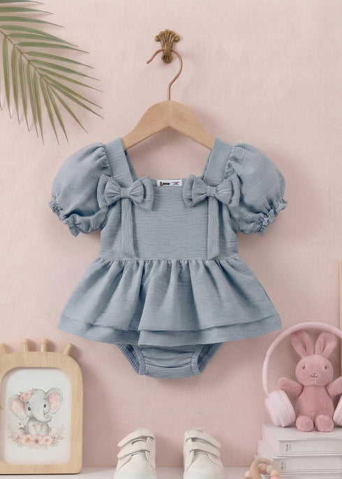 Smocked Bow Frock Set (Steel Blue)