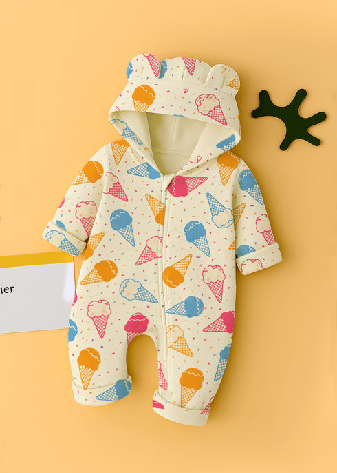 Ice Cream Printed Fleece Hooded Sleepsuit