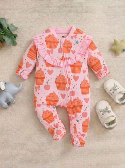Cupcake Printed Frilled Zipper Interlock Footed Sleepsuit