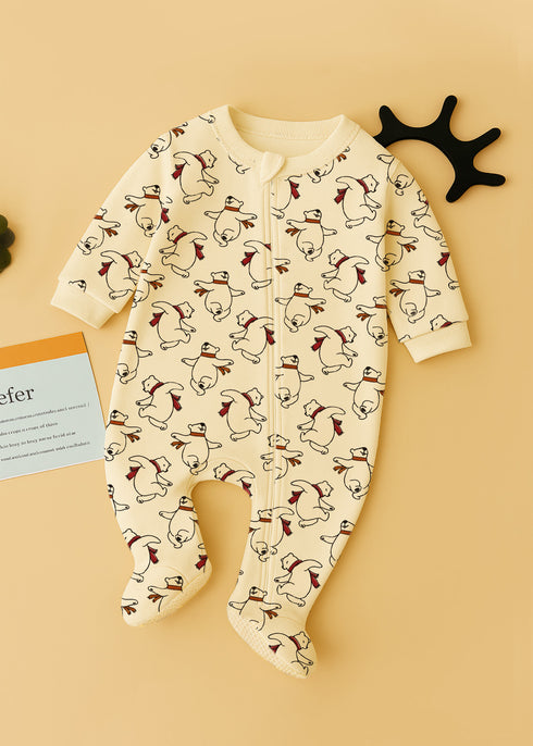 Cream Bear Printed Fleece Footed Sleepsuit