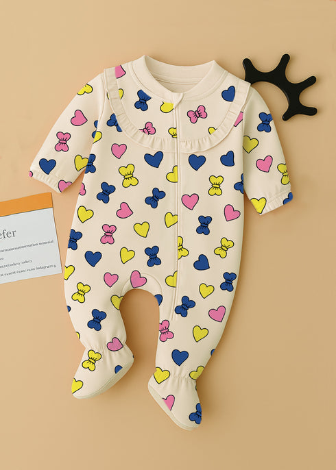 Hearts & Bows Frilled Zipper Fleece Footed Sleepsuit