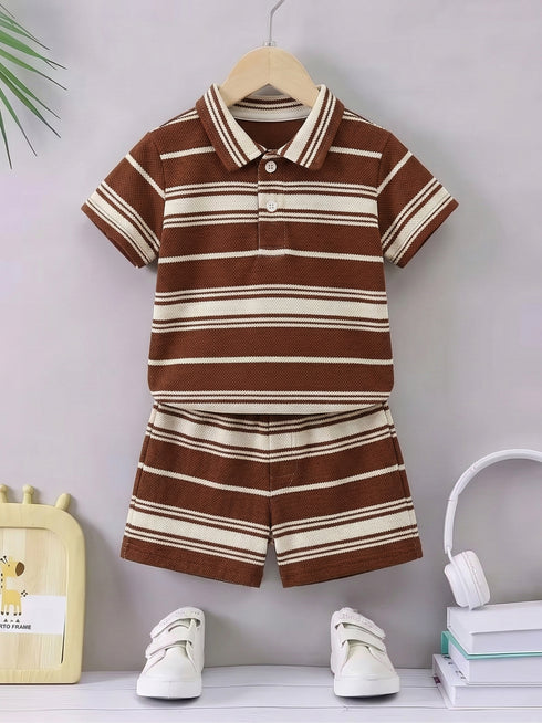 Yarn Dyed Johnny Collar Polo Set (Caramel Striped)