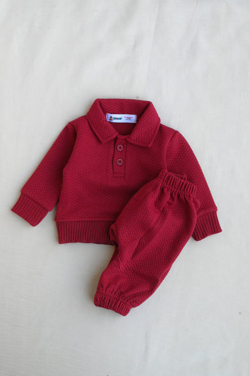 Jacquard Knit Polo Tracksuit Set (Maroon)