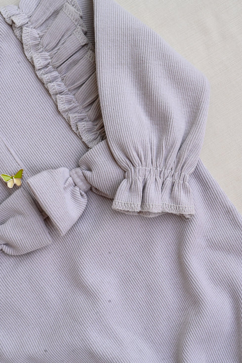 Sand Ruffle Bow Ribbed Sleepsuit