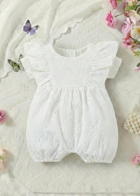 White Structured Frill Romper