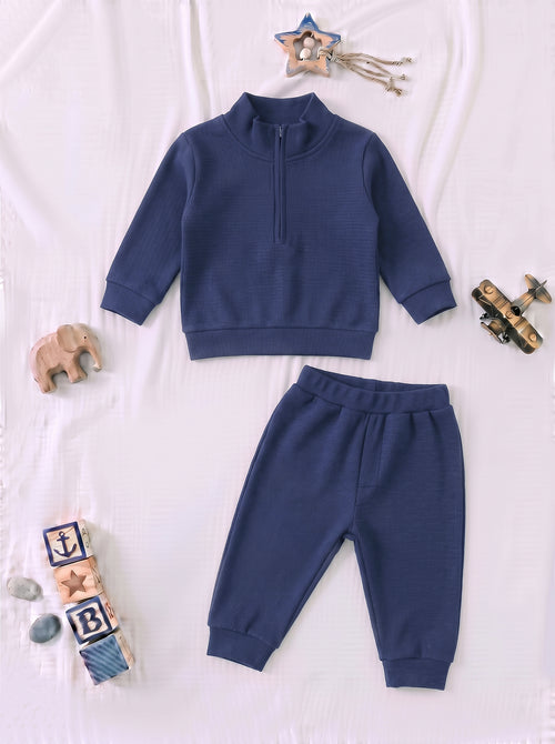 Ribbed High Neck Set (Navy Blue)