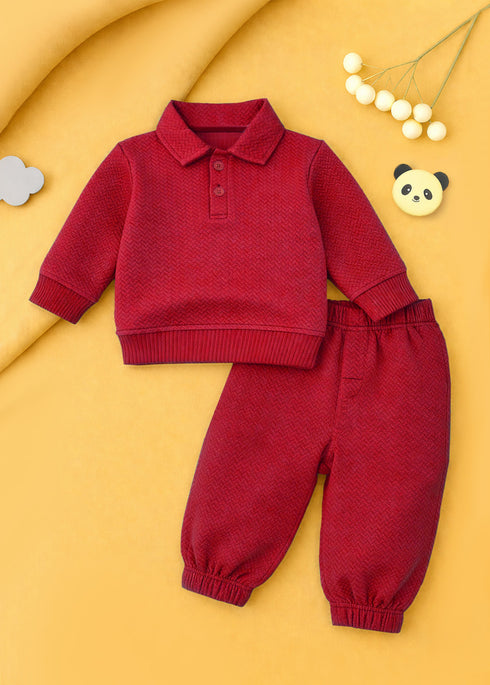 Jacquard Knit Polo Tracksuit Set (Maroon)
