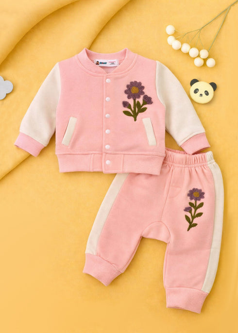 Pink Floral Fleece Varsity Jacket Set