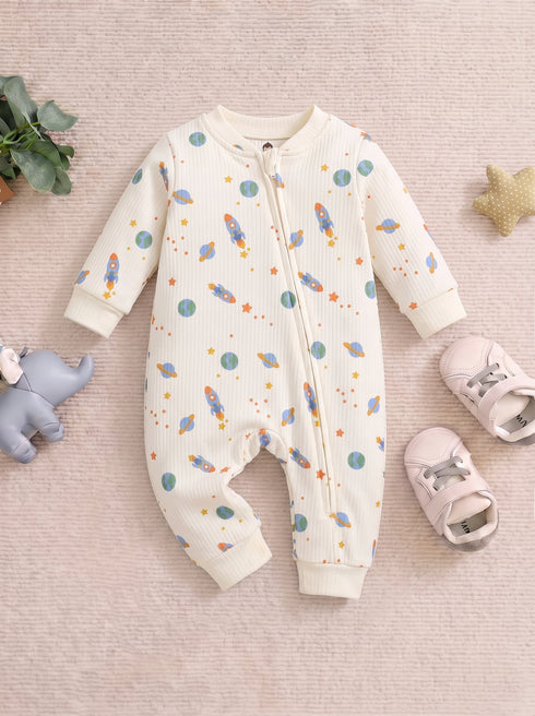 Space Rocket & Planet Printed Drop Needle Sleepsuit