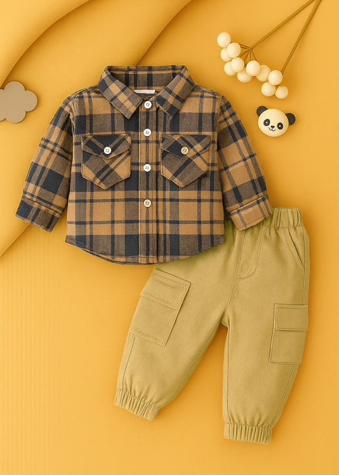 Plaid Flannel Shirt & Twill Cargo Pants Set