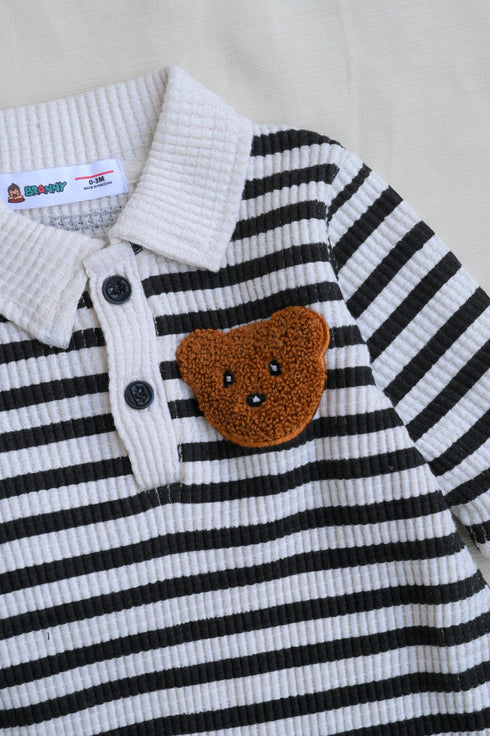 Striped Bear Embroidery Waffle Knit Polo Sleepsuit