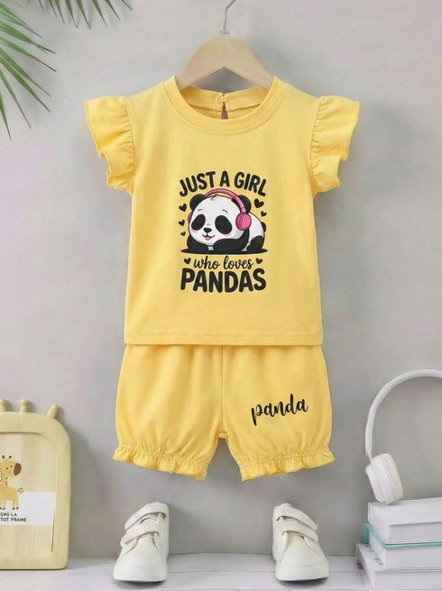 Panda Love Ruffle Sleeve Interlock Short Set