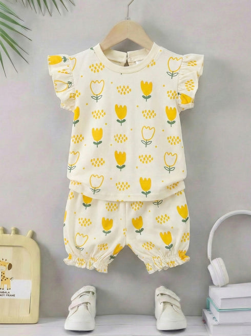 Tulip Garden Ruffle Sleeve Interlock Short Set