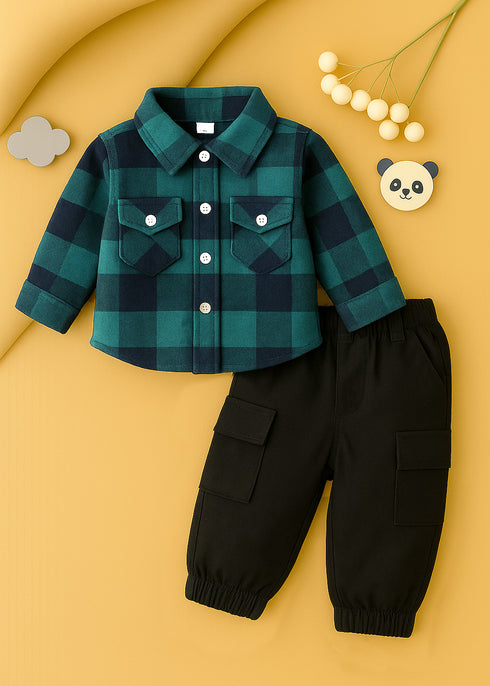 Plaid Flannel Shirt & Twill Cargo Pants Set