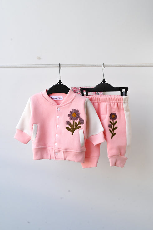 Pink Floral Fleece Varsity Jacket Set