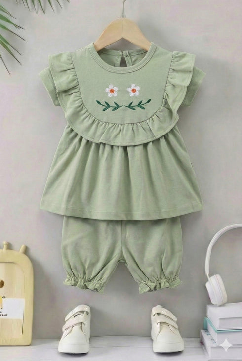 Sage Green Floral Embroidered Frock Set