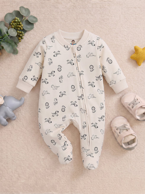 Jungle Animal Printed Fleece Footed Sleepsuit