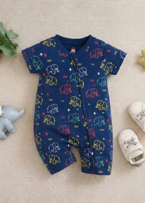 Elephant Printed Zip-Up Romper