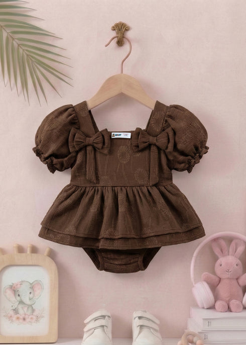 Brown Jacquard Bow Frock Set