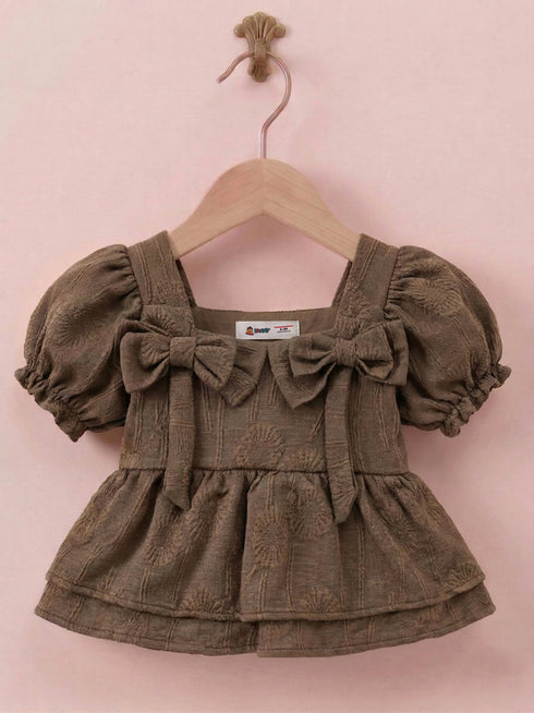 Brown Jacquard Bow Frock Set