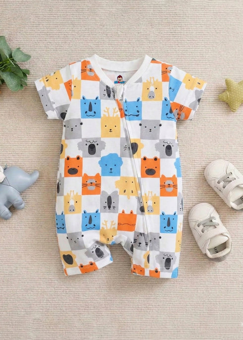 Bunny & Bear Patterned Zip-Up Romper