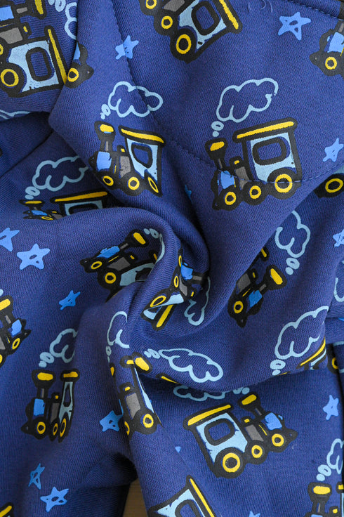 Navy Train Printed Fleece Hooded Sleepsuit