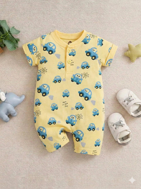 Blue Car Printed Henley Romper